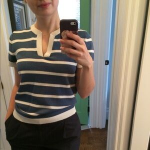 A.P.C. Blue and White Striped Short-Sleeve Crew Sweater